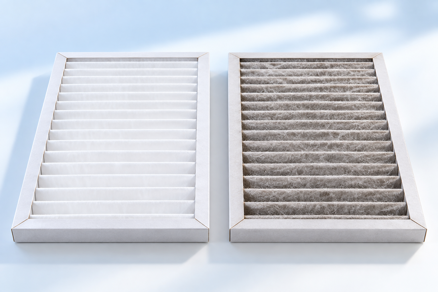 Illustration of a clean pleated HVAC air filter beside a filter covered in dust.
